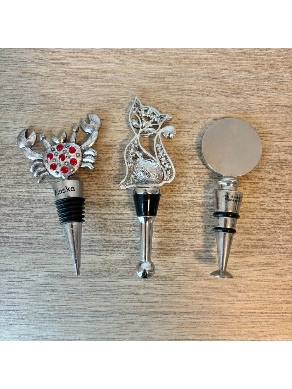 Bundle of 3 Wine Bottle Stoppers, Silver, Cat Crab